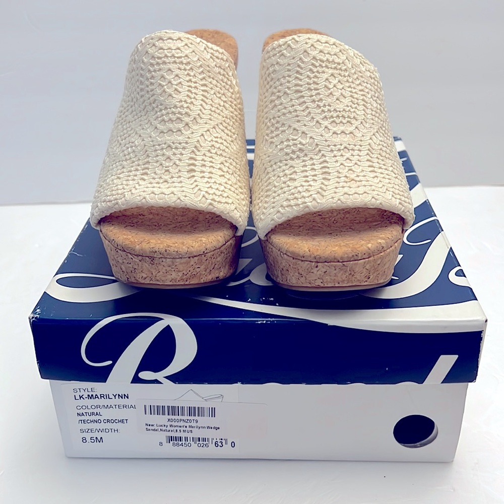Lucky Brand Marilynn Crochet Wedge Cork Sandal Size 8.5, worn once.